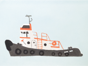 thumbnail of a screenprint of a red tugboat