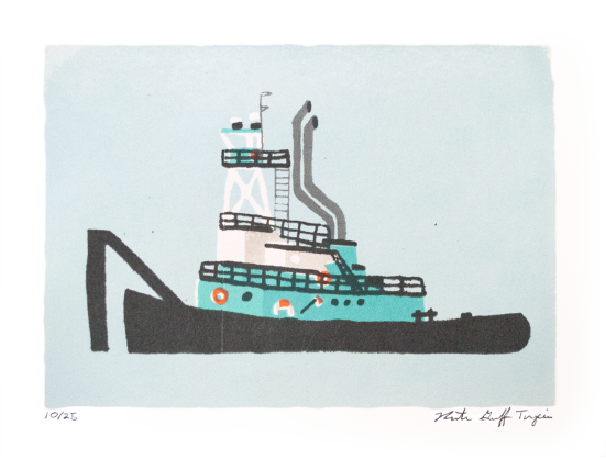 an aqua colored tugboat with tower in a sky blue background