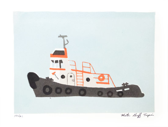 a tugboat with red details on a sky blue background