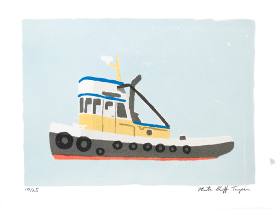 a tugboat with yellow paint and blue details on a sky blue background